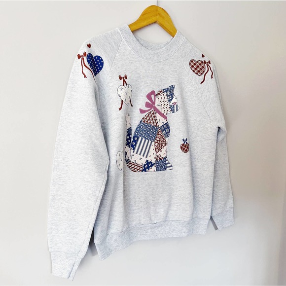 90s Heather Grey Quilted Cat Print Sweatshirt | S/M - Picture 2 of 4